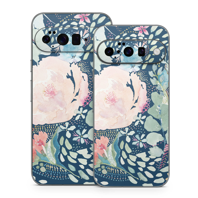 Google Pixel 10 Series Skin design of Flower, Plant, Petal, Botany, Textile, Sleeve, Creative arts, Art, Painting, Aqua, with blue, pink, green, white, orange, yellow, red colors