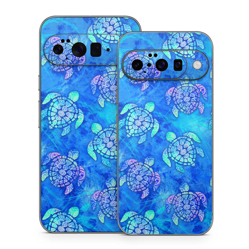 Google Pixel 10 Series Skin design of Blue, Pattern, Organism, Design, Sea turtle, Plant, Electric blue, Hydrangea, Flower, Symmetry, with blue, green, purple colors