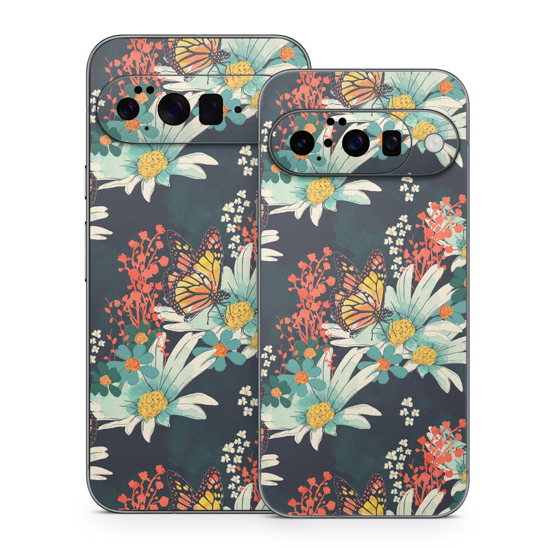Google Pixel 10 Series Skin design of Floral design, Pattern, Flower, Floristry, Textile, Botany, Plant, Visual arts, Design, Flower Arranging, with black, gray, green, red, blue, pink colors