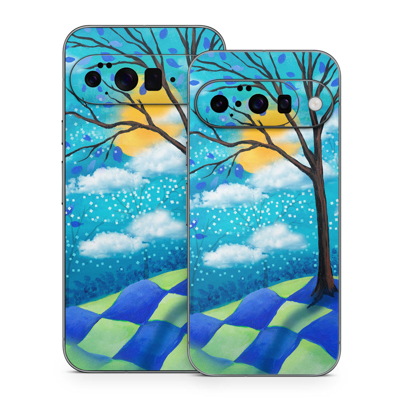 Google Pixel 10 Series Skin design of Natural landscape, Nature, Blue, Tree, Sky, Branch, Spring, Woody plant, Plant, Leaf, with blue, gray, black, purple, green colors