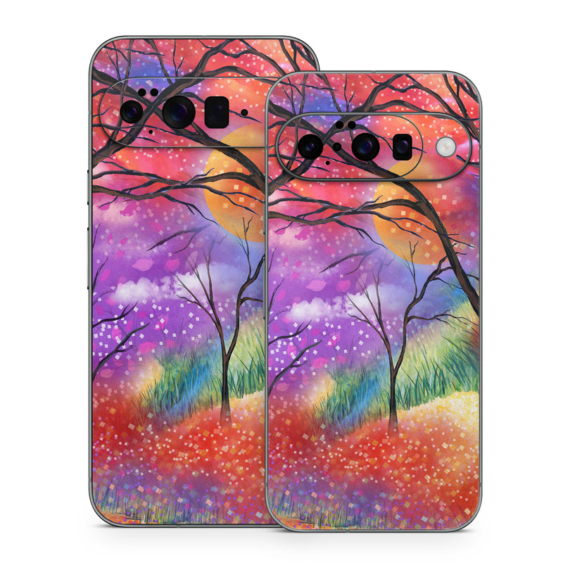 Google Pixel 10 Series Skin design of Nature, Tree, Natural landscape, Painting, Watercolor paint, Branch, Acrylic paint, Purple, Modern art, Leaf, with red, purple, black, gray, green, blue colors