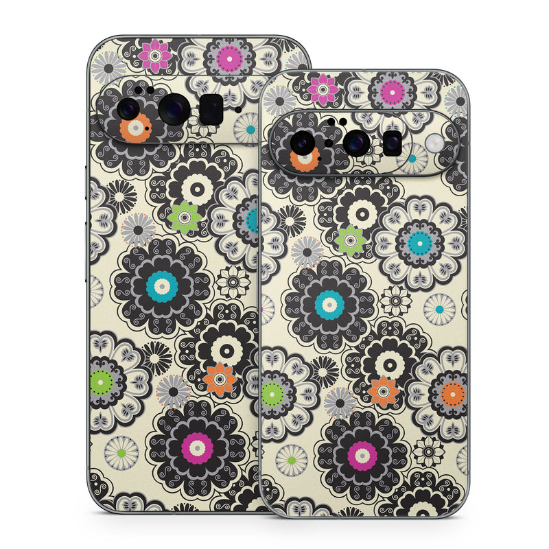 Google Pixel 10 Series Skin design of Pattern, Circle, Design, Visual arts, Floral design, Textile, Psychedelic art, Art, Plant, with gray, black, pink, green, purple colors