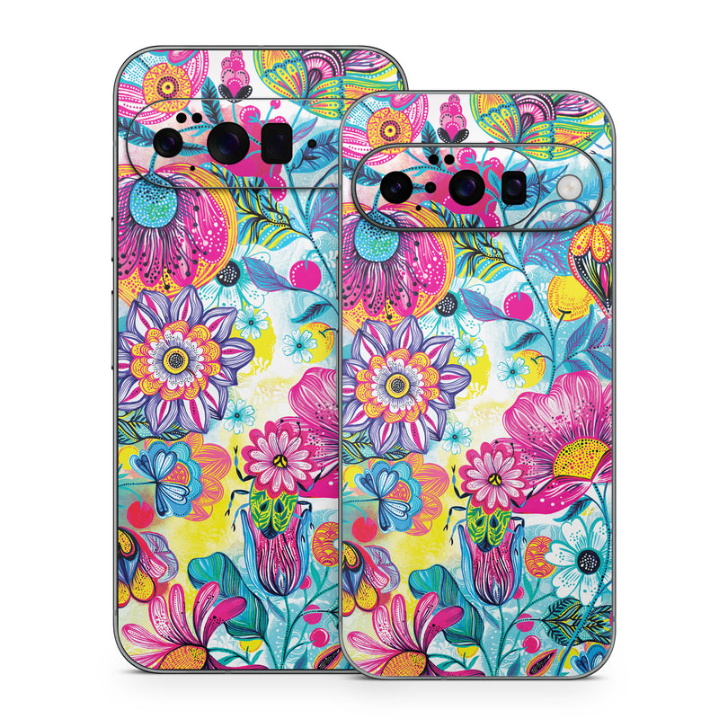 Google Pixel 10 Series Skin design of Pattern, Floral design, Textile, Design, Flower, Wildflower, Visual arts, Plant, Wrapping paper, with blue, pink, purple, green, yellow, orange, white colors