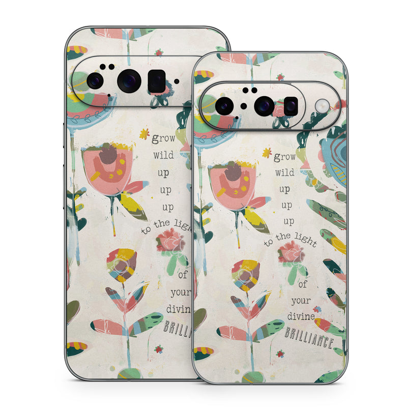 Google Pixel 10 Series Skin design of Textile, Organism, Font, Creative arts, Art, Pattern, Illustration, Terrestrial plant, Painting, Drawing, with purple, black, green, yellow, blue, red colors