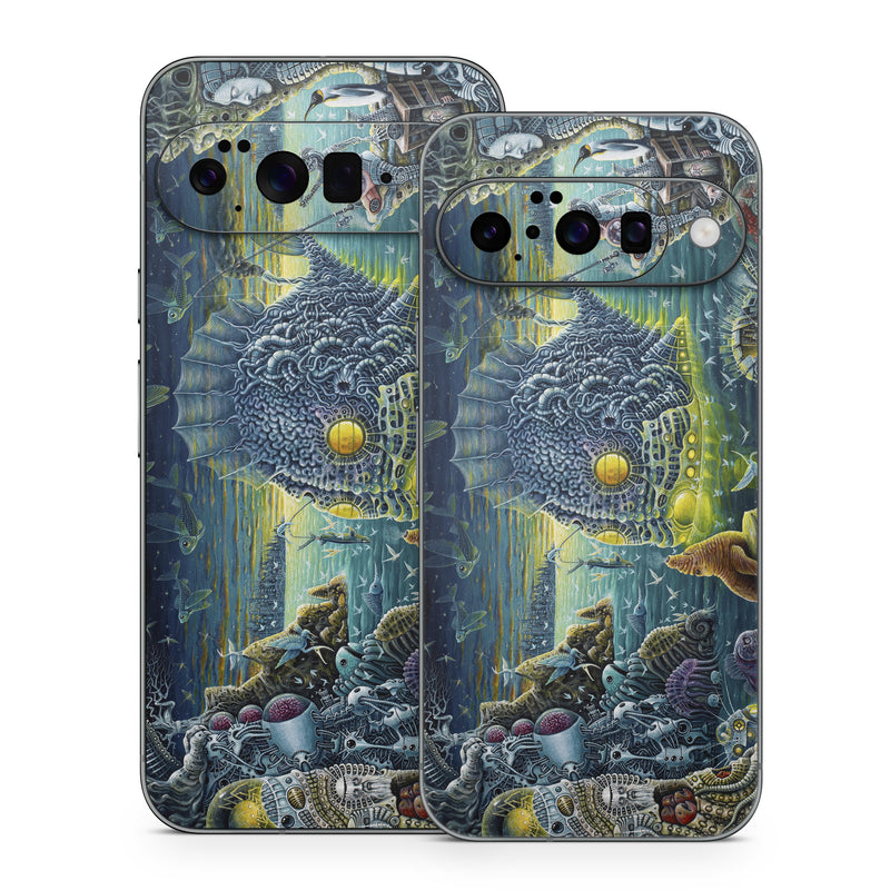 Google Pixel 10 Series Skin design of Organism, Water, Illustration, Art, Painting, Cg artwork, Fiction, Fictional character, Marine biology, Mythology, with black, gray, blue, green colors