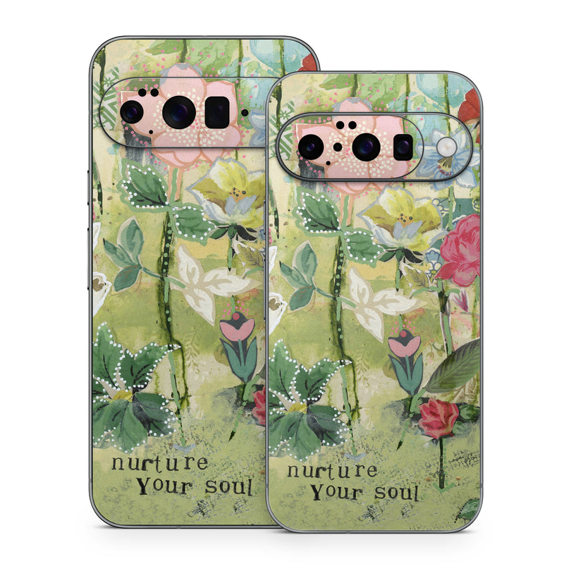 Google Pixel 10 Series Skin design of Flower, Plant, Botany, Pink, Wildflower, Flowering plant, Watercolor paint, Petal, Floral design, Pattern, with green, pink, red, blue, white, black colors