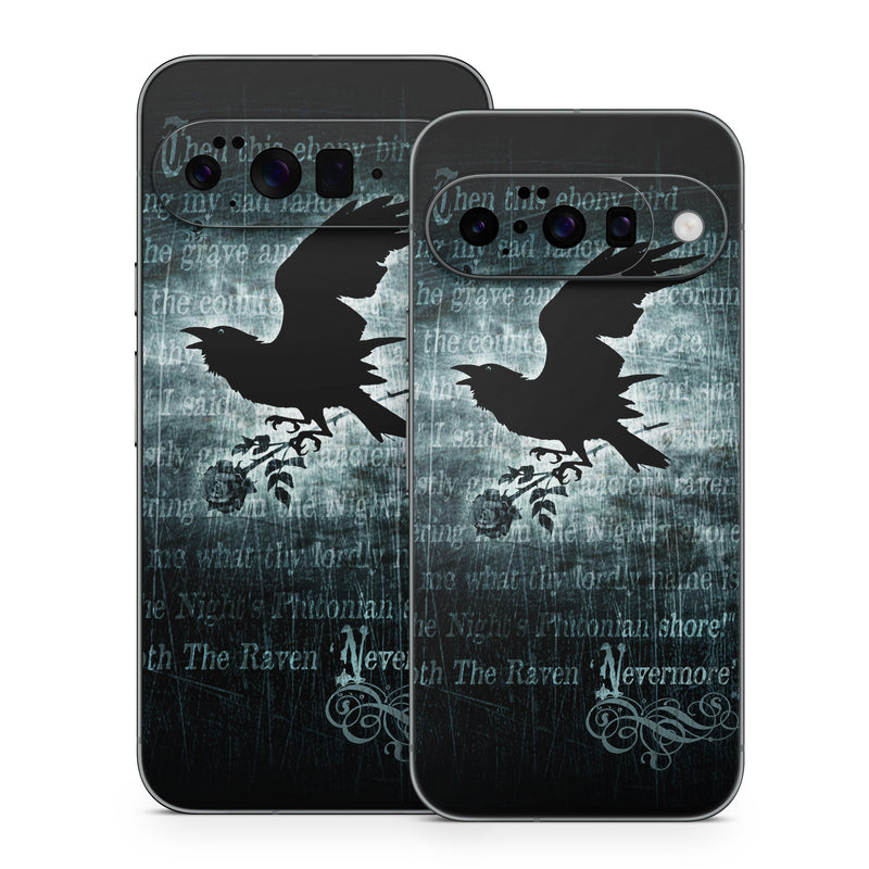 Google Pixel 10 Series Skin design of Bird, Text, Wing, Graphic design, Darkness, Font, Illustration, Graphics, with black, white, blue colors