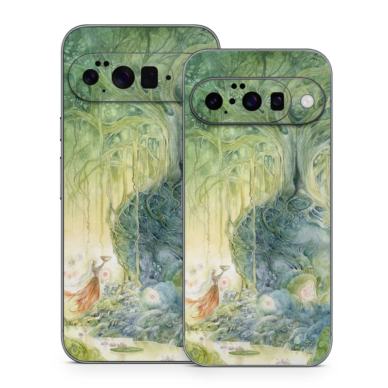 Google Pixel 10 Series Skin design of Green, Watercolor paint, Painting, Water, Art, Illustration, Grass, Tree, Plant, Fictional character, with blue, green, red, yellow colors