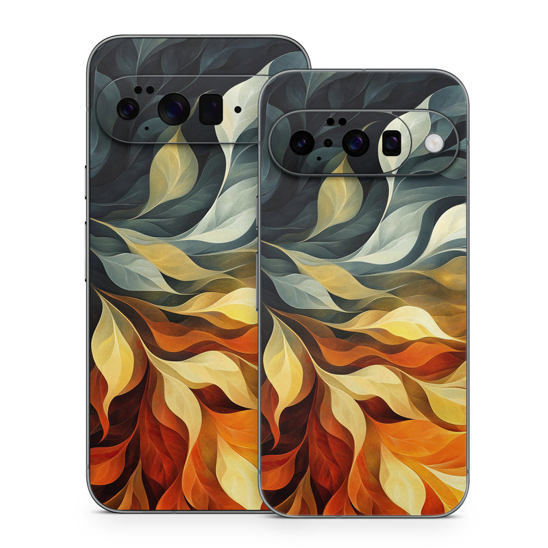 Google Pixel 10 Series Skin design of Yellow, Orange, Art, Brown, Visual arts, Modern art, Design, Graphics, Fractal art, Paint, with red, orange, yellow, white, black, gray colors