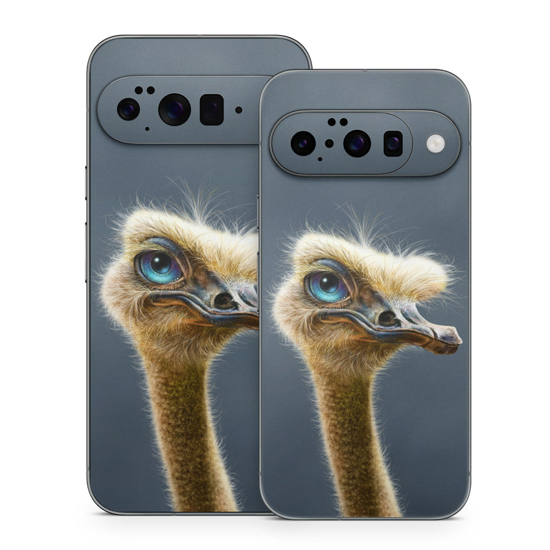 Google Pixel 10 Series Skin design of Ostrich, Flightless bird, Ratite, Bird, Beak, Close-up, Emu, Wildlife, Organism, Terrestrial animal, with black, gray, blue, green, red colors