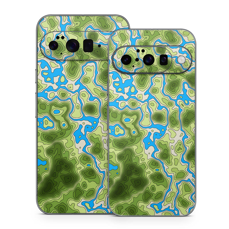 Google Pixel 10 Series Skin design of Botany, Azure, Organism, Vegetation, Aqua, Terrestrial plant, Symmetry, Electric blue, Pattern, Art, with green, blue colors