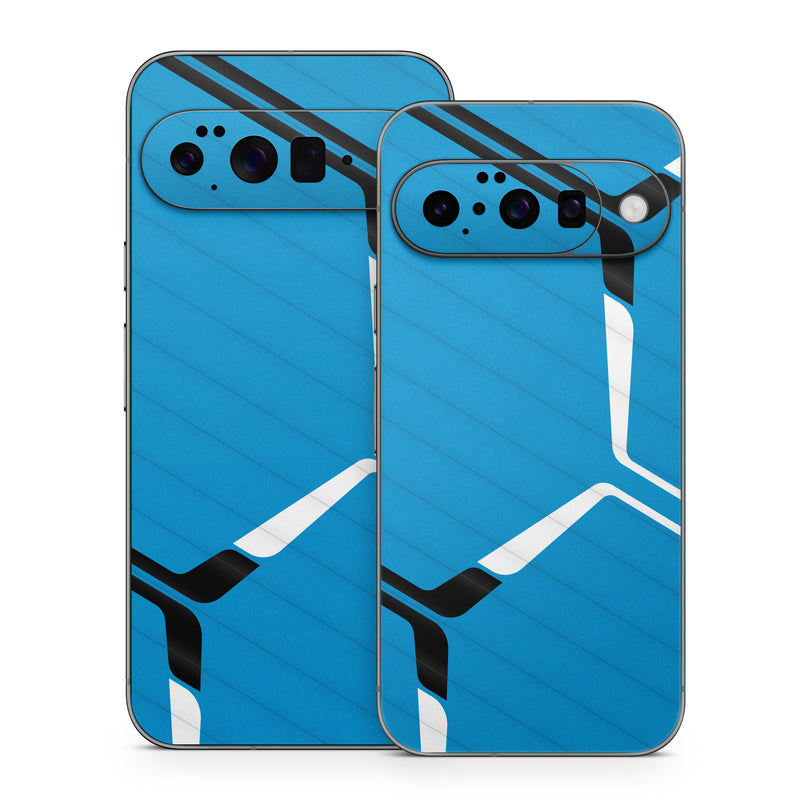 Google Pixel 10 Series Skin design of Azure, Triangle, Parallel, Font, Electric blue, Pattern, Symmetry, Table, Symbol, Logo, with blue, black, white colors