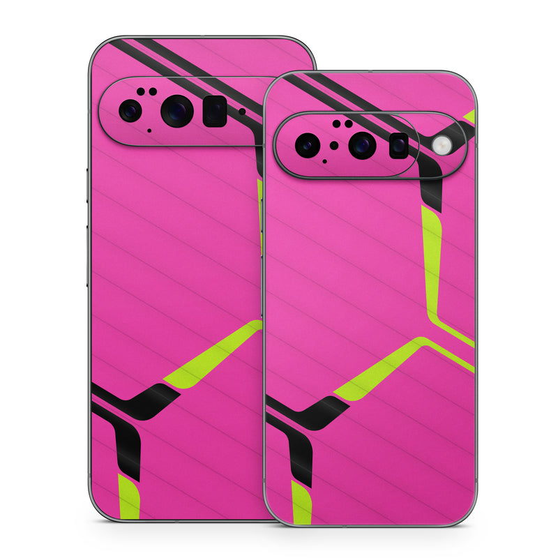 Google Pixel 10 Series Skin design of Purple, Textile, Sleeve, Jersey, Violet, Triangle, Font, Magenta, Collar, Parallel, with pink, black, yellow colors