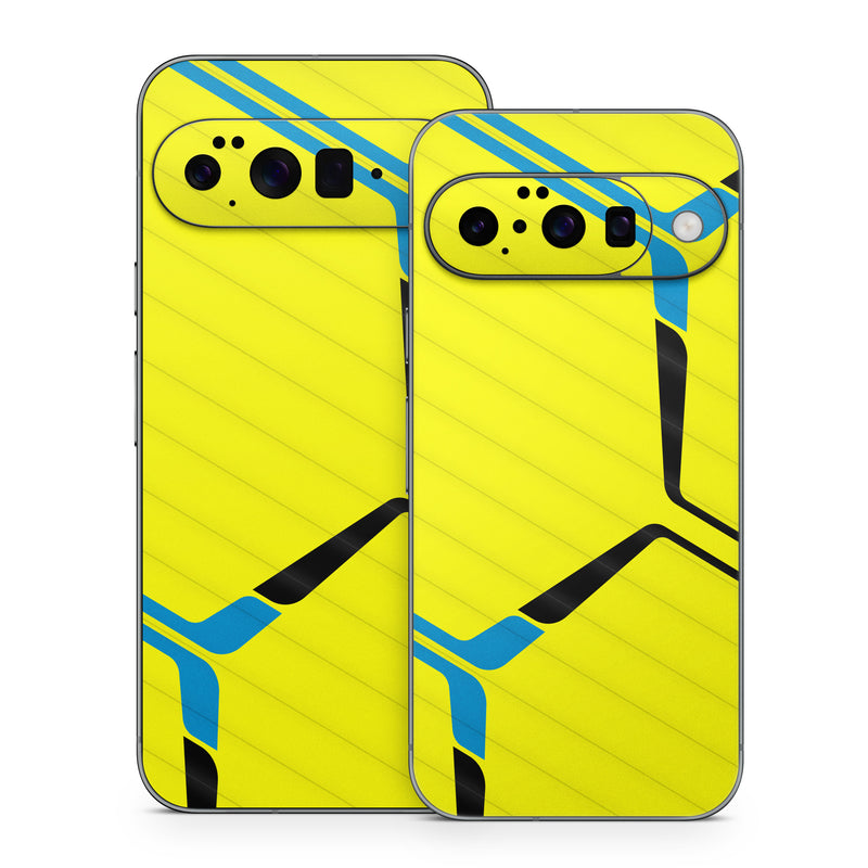 Google Pixel 10 Series Skin design of Azure, Triangle, Font, Parallel, Symmetry, Pattern, Electric blue, Symbol, Rectangle, Design, with yellow, blue colors