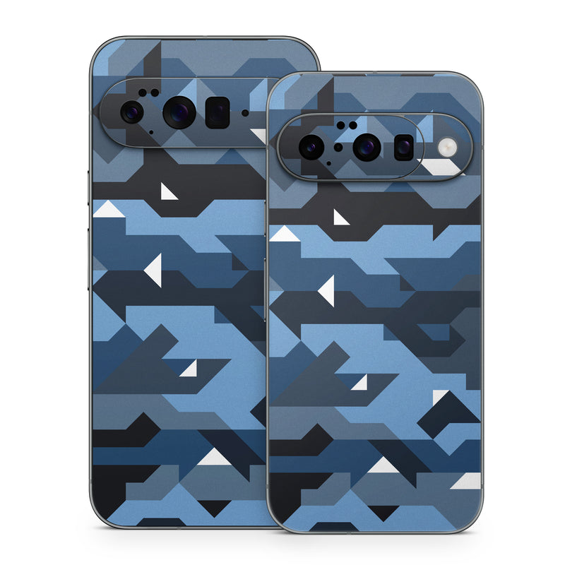 Google Pixel 10 Series Skin design of Blue, Pattern, Design, Font, Line, Camouflage, Illustration, Triangle, with blue, black, white, gray colors