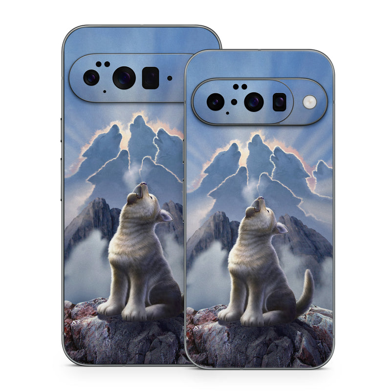 Google Pixel 10 Series Skin design of Sky, Cloud, Atmosphere, Rock, Wolf, Photography, Cg artwork, Illustration, Mountain, Mythology, with white, blue, gray, brown colors