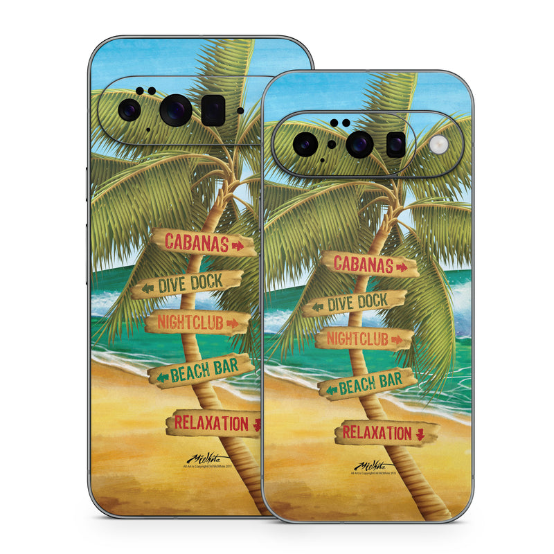 Google Pixel 10 Series Skin design of Palm tree, Arecales, Tropics, Tree, Caribbean, Wave, Water, Coconut, Ocean, Elaeis, with green, purple, gray, black, blue colors