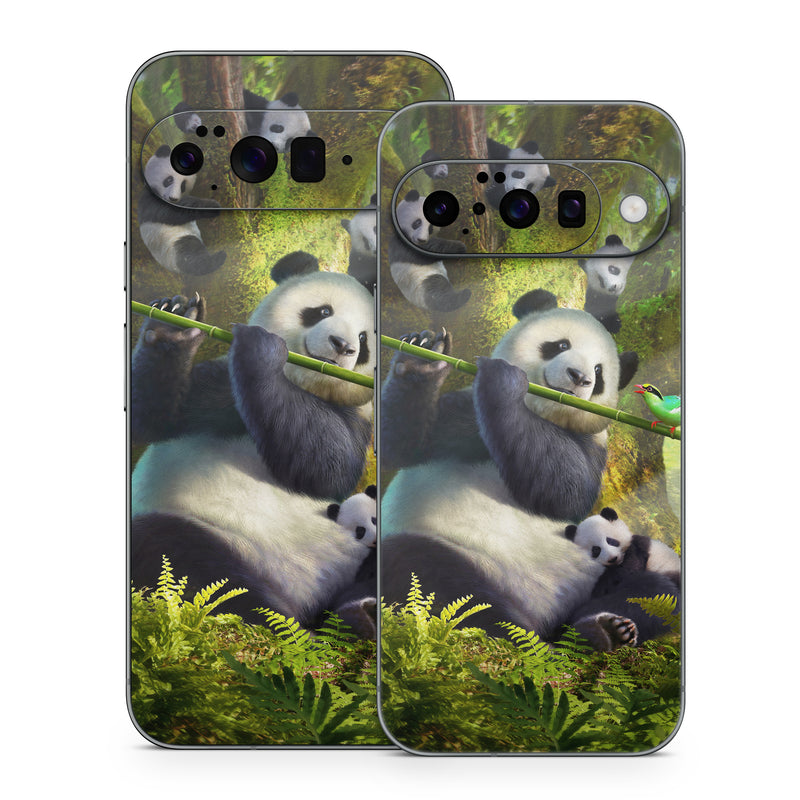 Google Pixel 10 Series Skin design of Plant, Organism, Grass, Adaptation, Terrestrial animal, Painting, People in nature, Art, Beak, Panda, with white, black, brown, green, gray, yellow colors