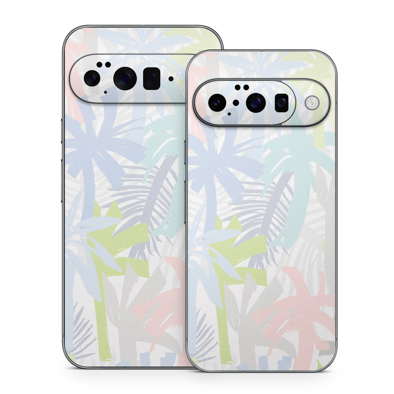 Google Pixel 10 Series Skin design of Palm trees, with bllue, green, pink, yellow, white, gray colors