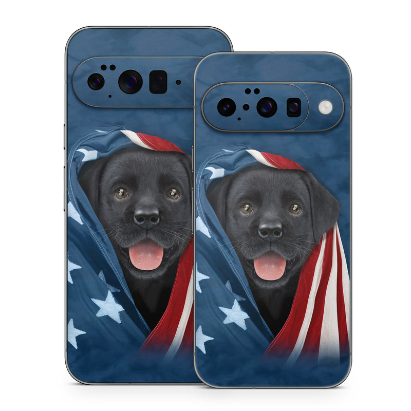 Google Pixel 10 Series Skin design of Canidae, Dog, Dog breed, Flag, Snout, Carnivore, Sporting Group, Labrador retriever, Flag of the united states, Puppy, with black, gray, white, blue, red colors
