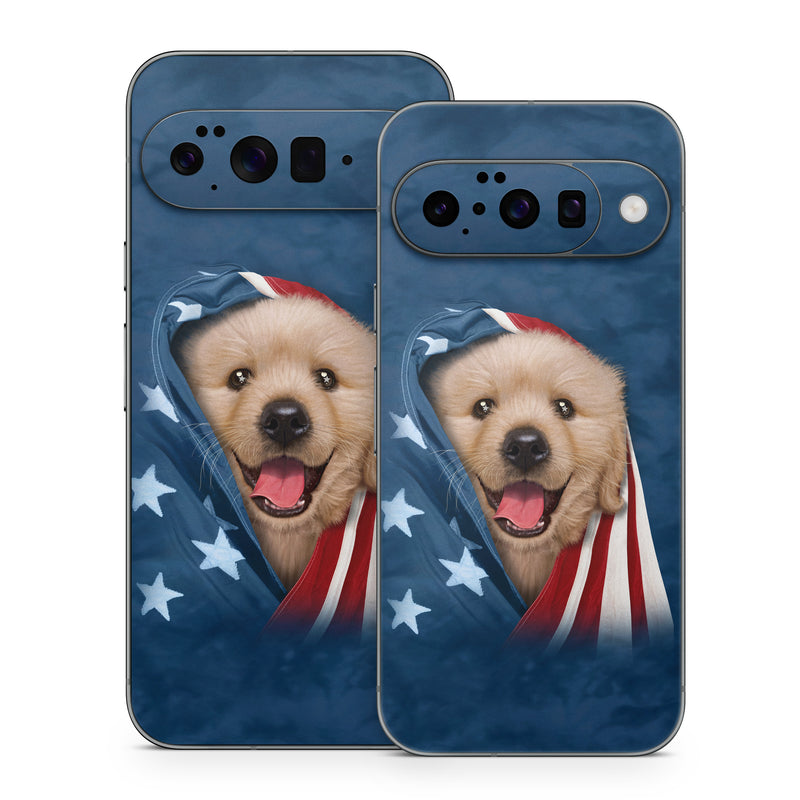 Google Pixel 10 Series Skin design of Dog, Canidae, Mammal, Dog breed, Carnivore, Puppy, Snout, Companion dog, Sporting Group, Pomeranian, with yellow, black, brown, white, blue, red colors
