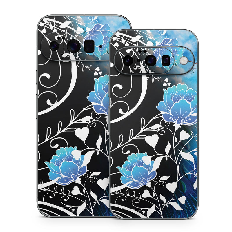 Google Pixel 10 Series Skin design of Blue, Pattern, Graphic design, Design, Illustration, Organism, Visual arts, Graphics, Plant, Art, with black, blue, gray, white colors