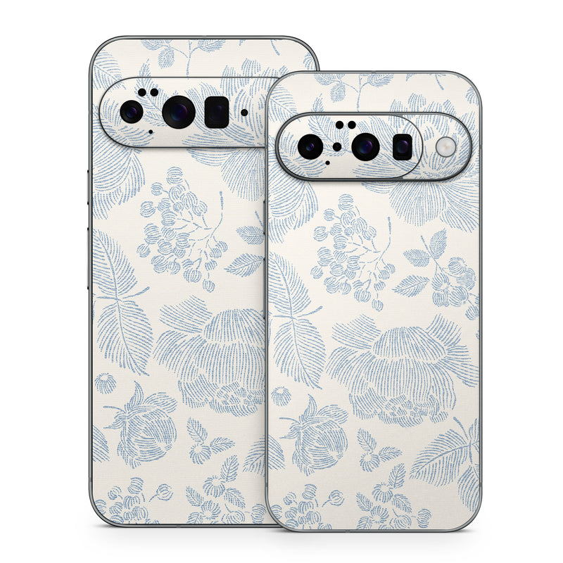 Google Pixel 10 Series Skin design of White, Botany, Leaf, Textile, Branch, Organism, Art, Aqua, Line, Rectangle, with white, blue colors