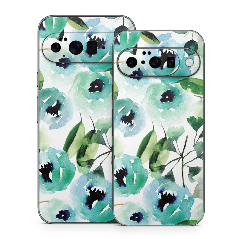Google Pixel 10 Series Skin design of Green, Pattern, Leaf, Aqua, Plant, Design, Branch, Organism, Flower, Ivy, with white, green, blue, black colors