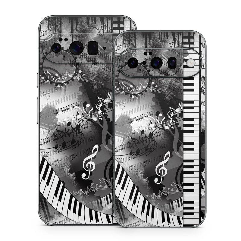 Google Pixel 10 Series Skin design of Music, Monochrome, Black-and-white, Illustration, Graphic design, Musical instrument, Technology, Musical keyboard, Piano, Electronic instrument, with black, gray, white colors