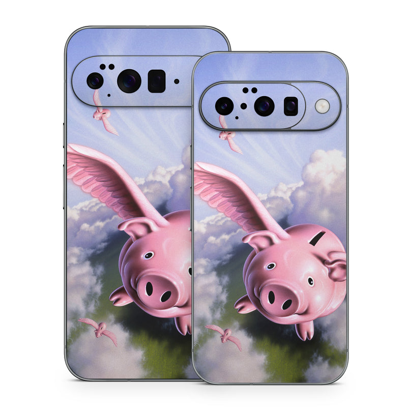 Google Pixel 10 Series Skin design of Cloud, Sky, Happy, Pink, Bird, Art, Wing, Snout, Wind, Fictional character, with pink, white, blue, gray, green colors