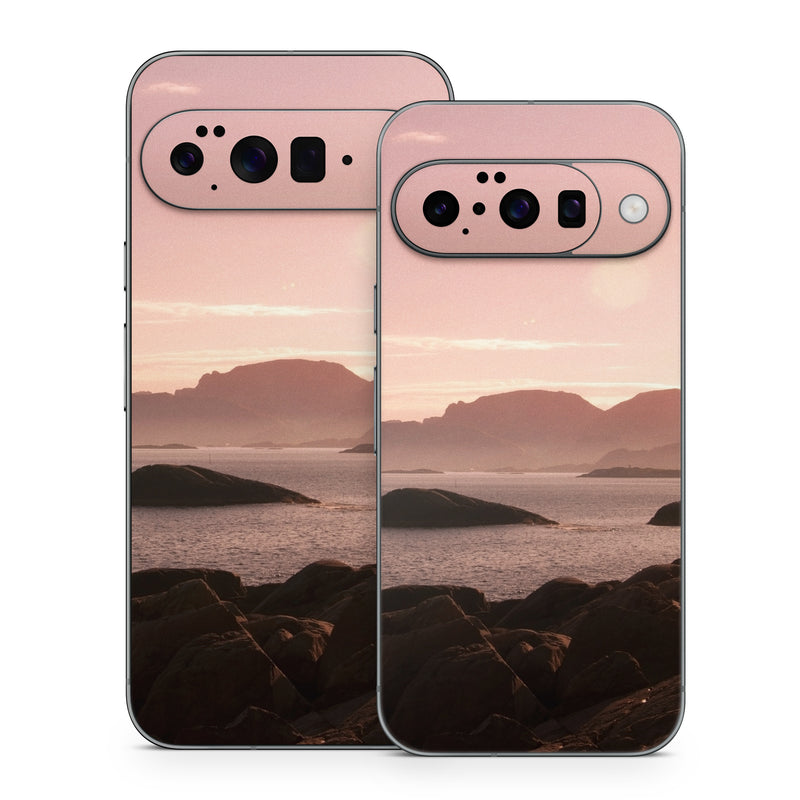Google Pixel 10 Series Skin design of Sky, Nature, Sea, Atmospheric phenomenon, Horizon, Natural landscape, Coast, Cloud, Morning, Calm, with gray, black, red, pink, green colors