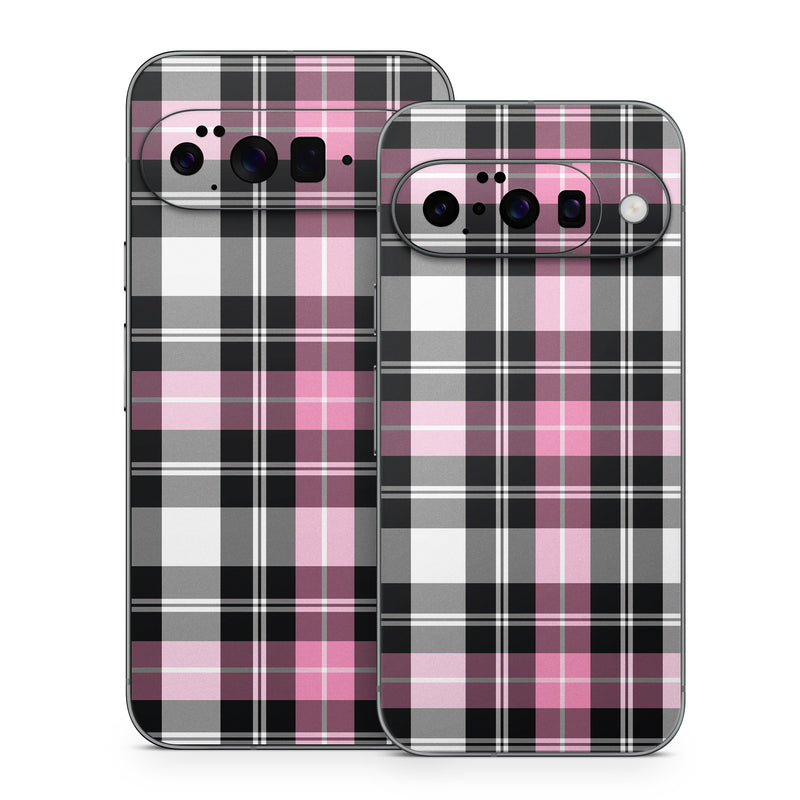 Google Pixel 10 Series Skin design of Plaid, Tartan, Pattern, Pink, Purple, Violet, Line, Textile, Magenta, Design, with black, gray, pink, red, white, purple colors