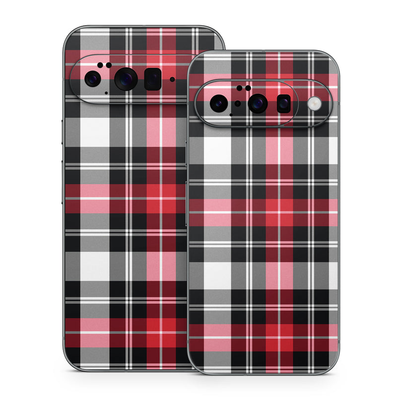 Google Pixel 10 Series Skin design of Plaid, Tartan, Pattern, Red, Textile, Design, Line, Pink, Magenta, Square, with black, gray, pink, red, white colors