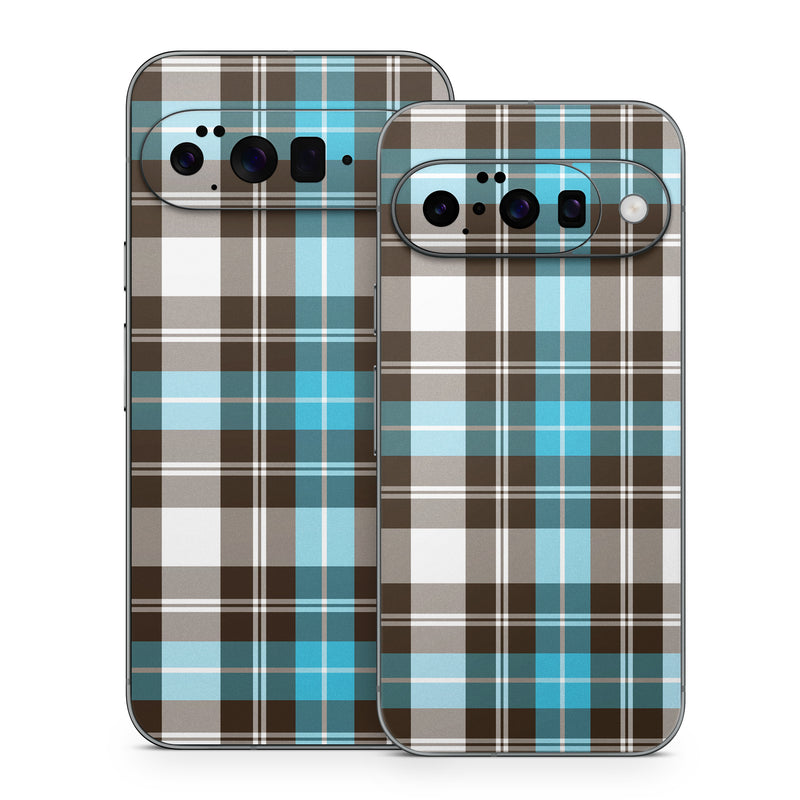 Google Pixel 10 Series Skin design of Plaid, Pattern, Tartan, Turquoise, Textile, Design, Brown, Line, Tints and shades, with gray, black, blue, white colors