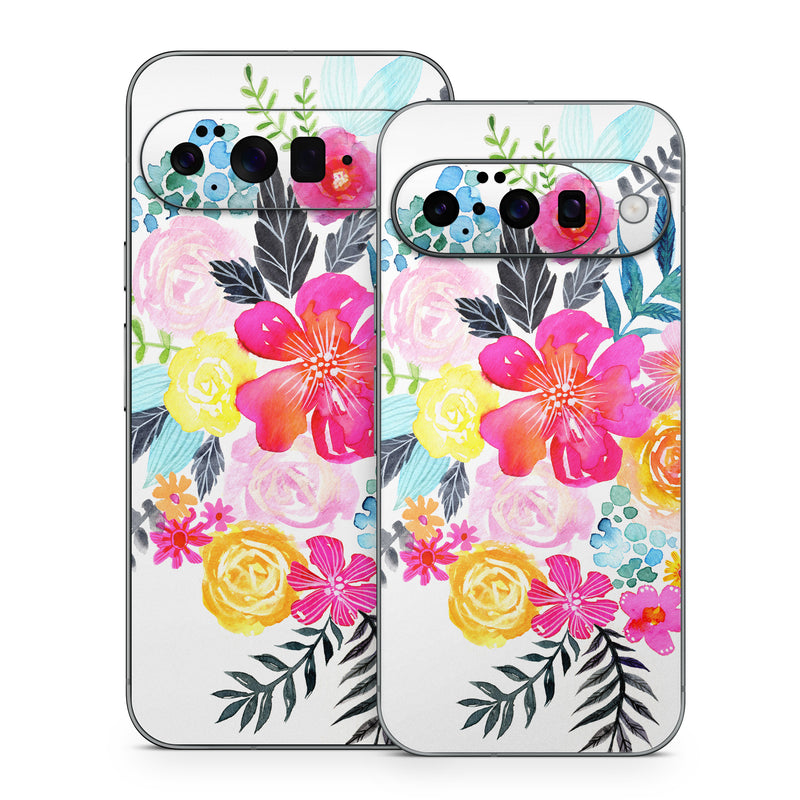 Google Pixel 10 Series Skin design of Flower, Clip art, Bouquet, Plant, Illustration, Floral design, Pink, Petal, Botany, Design, with white, pink, orange, red, yellow, blue, black, green colors