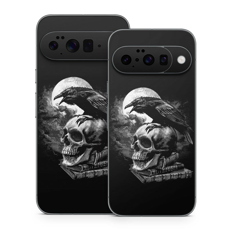 Google Pixel 10 Series Skin design of Bone, Skull, Bird, Darkness, Monochrome, Wing, Black-and-white, Illustration, Beak, Fictional Character, Drawing, Symbol, with black, white, gray colors