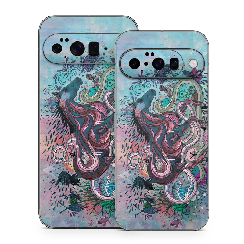 Google Pixel 10 Series Skin design of Illustration, Art, Visual arts, Graphic design, Fictional character, Psychedelic art, Pattern, Drawing, Painting, Mythology, with gray, black, blue, red, purple colors