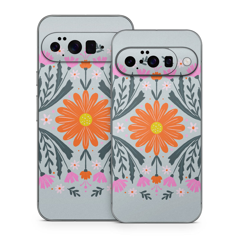 Google Pixel 10 Series Skin design of Petal, Gesture, Font, Flower, Pattern, Art, Creative arts, Floral design, Illustration, Flowering plant, with pink, orange, green, white colors