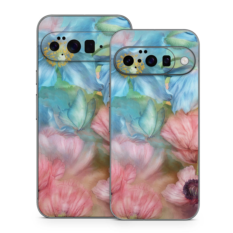 Google Pixel 10 Series Skin design of Flower, Petal, Watercolor paint, Painting, Plant, Flowering plant, Pink, Botany, Wildflower, Still life, with gray, blue, black, red, green colors