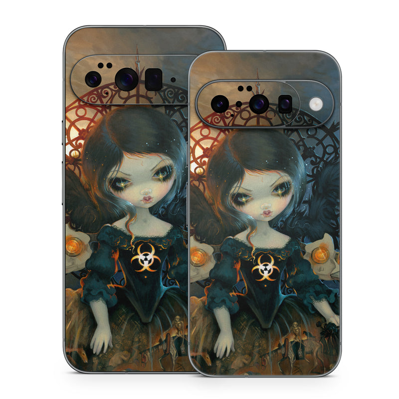 Google Pixel 10 Series Skin design of Doll, Head, Illustration, Eye, Cg artwork, Fictional character, Toy, Iris, Art, Mythology, with brown, red, black, orange, blue, yellow colors