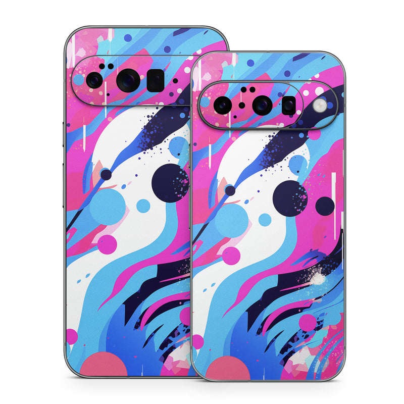 Google Pixel 10 Series Skin design of Organism, Art, Line, Font, Magenta, Art paint, Paint, Pattern, Electric blue, Tints and shades, with pink, blue, white, black, orange colors
