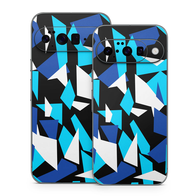 Google Pixel 10 Series Skin design of Blue, Pattern, Turquoise, Cobalt blue, Teal, Design, Electric blue, Graphic design, Triangle, Font, with blue, white, black colors