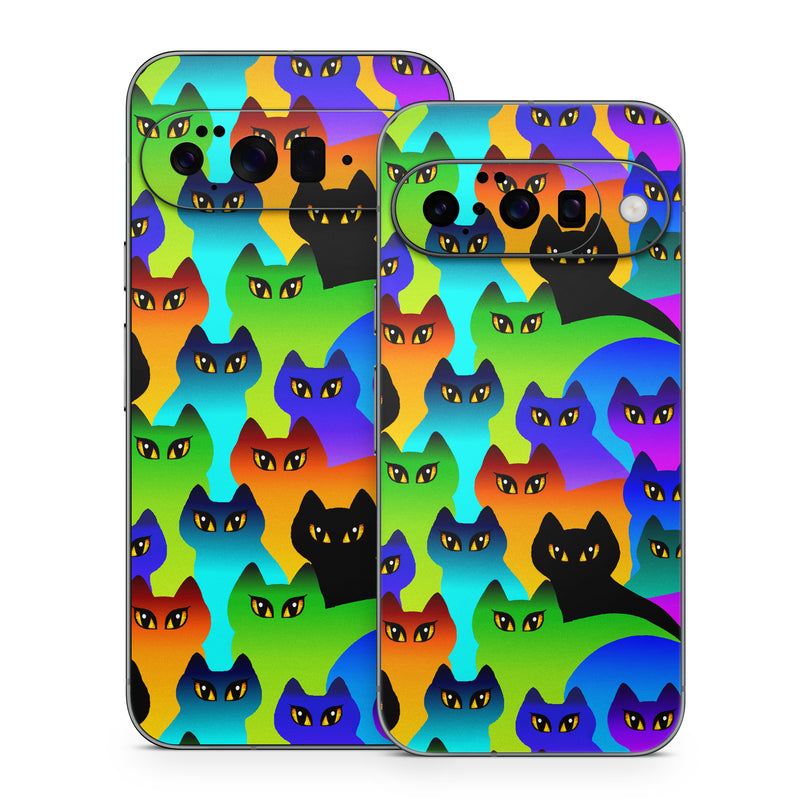 Google Pixel 10 Series Skin design of Black cat, Purple, Cat, Small to medium-sized cats, Pattern, Design, Felidae, Illustration, Art, with black, blue, green, purple colors
