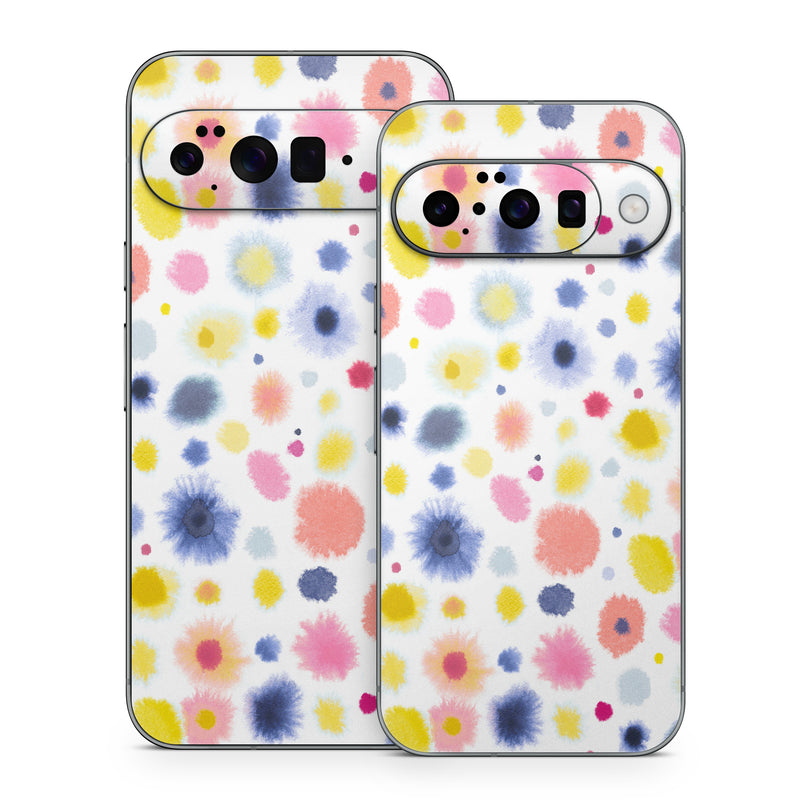 Google Pixel 10 Series Skin design of Material property, Circle, Pattern, Design, Magenta, Electric blue, Font, Flowering plant, Painting, with white, pink, orange, blue, yellow, gray colors