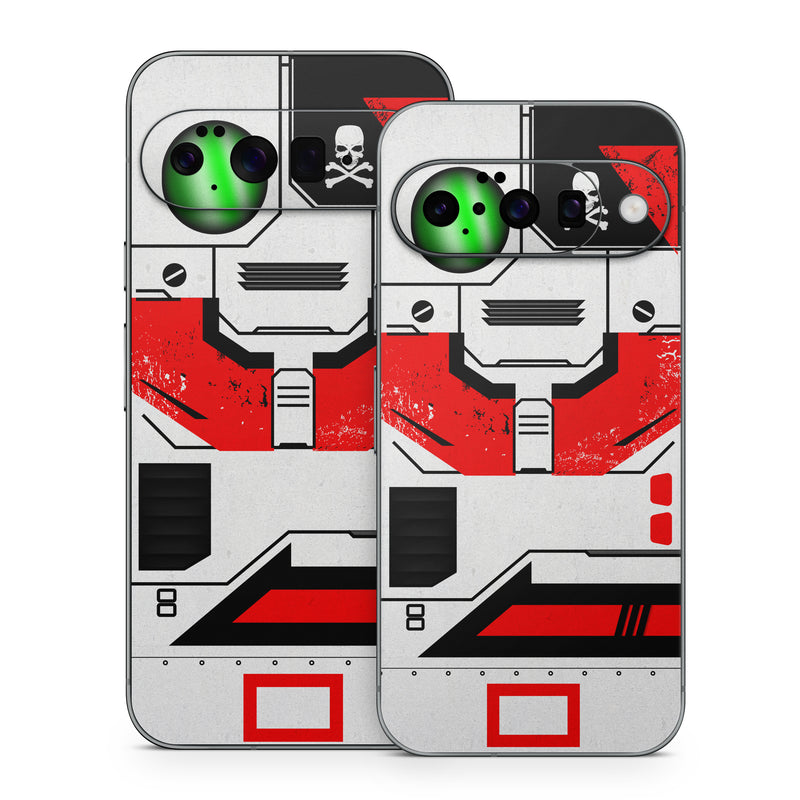 Google Pixel 10 Series Skin design of Floppy disk, Technology, Electric red, Fictional character, with white, red, black, gray colors