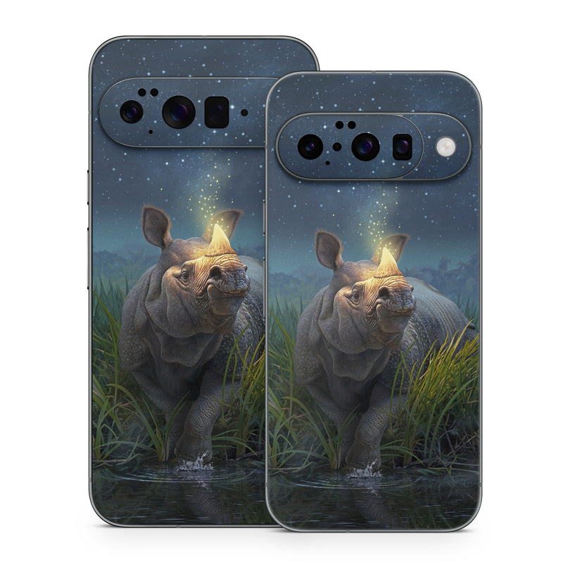 Google Pixel 10 Series Skin design of Wildlife, Sky, Photography, Grass, Fawn, with blue, green, gray, yellow, white colors