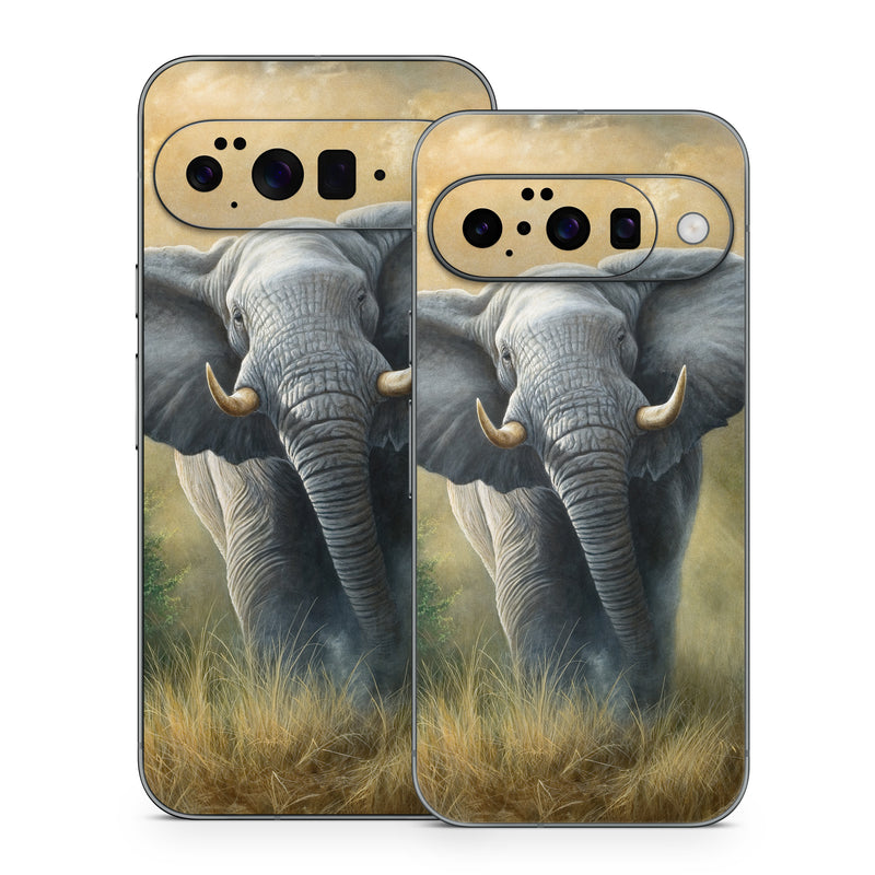 Google Pixel 10 Series Skin design of Terrestrial animal, Elephants and Mammoths, Vertebrate, Wildlife, Mammal, African elephant, Indian elephant, Grassland, Working animal, Tusk, with gray, white, green, brown, yellow, orange colors