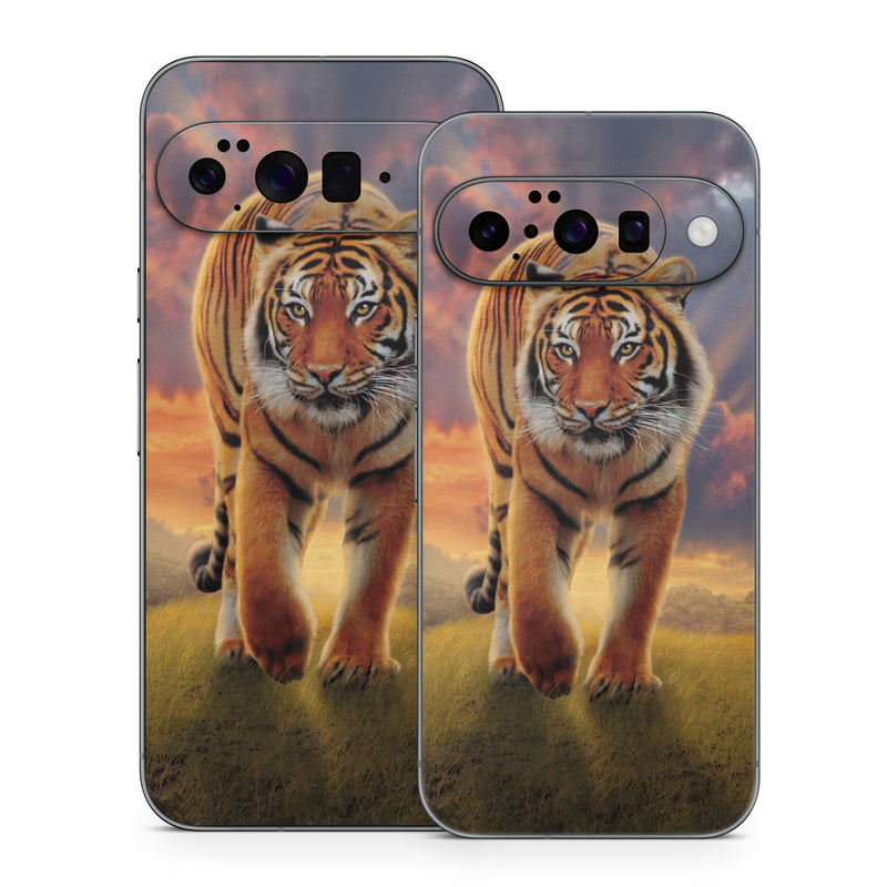 Google Pixel 10 Series Skin design of Tiger, Wildlife, Bengal tiger, Mammal, Felidae, Siberian tiger, Sky, Big cats, Terrestrial animal, Carnivore, with black, white, yellow, red, green, blue colors