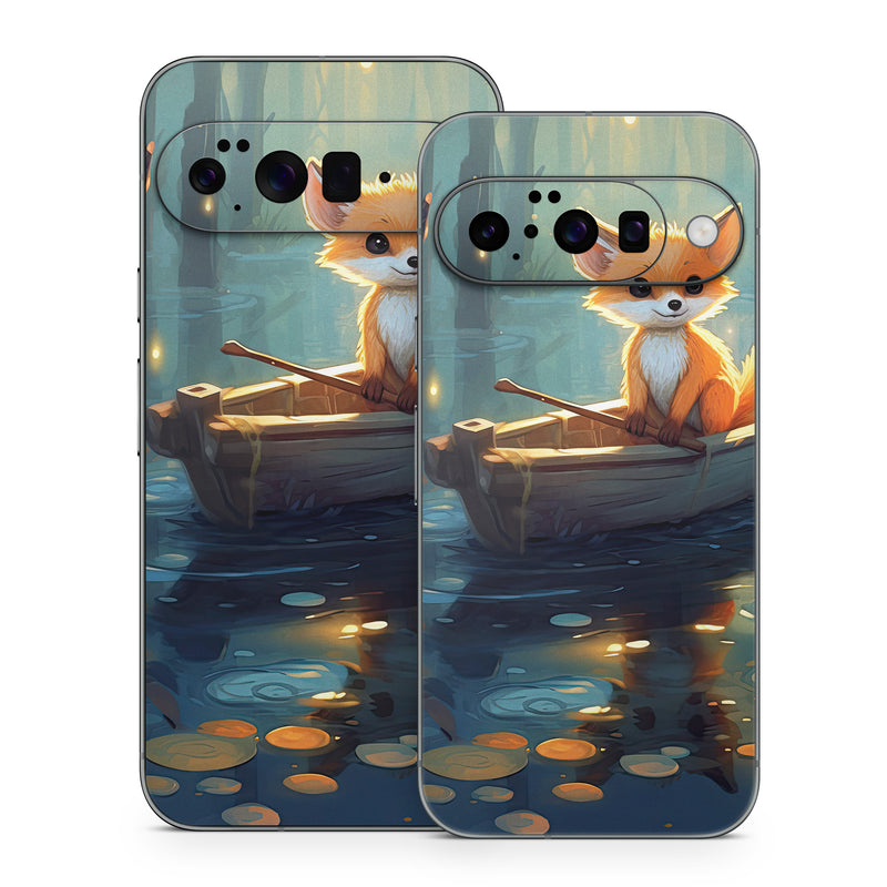 Google Pixel 10 Series Skin design of Water, Boat, Light, Nature, Organism, Orange, Cartoon, Watercraft, Art, Plant, with blue, yellow, orange, white, black, gray, green, brown colors