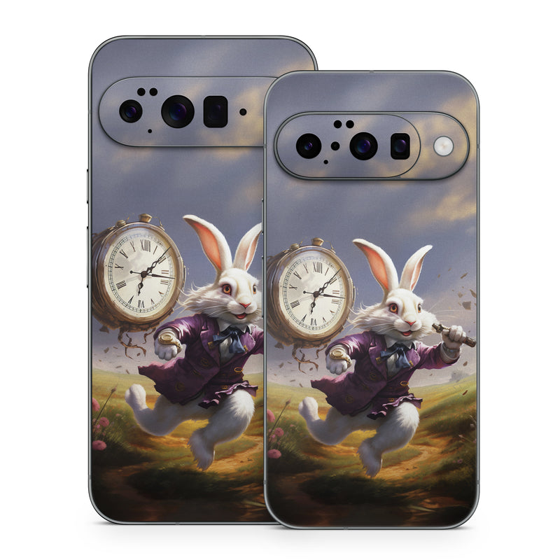 Google Pixel 10 Series Skin design of Sky, Plant, Nature, Cartoon, Rabbit, Cloud, Clock, Happy, Fawn, Art, with white, gray, purple, blue, green, pink, brown colors